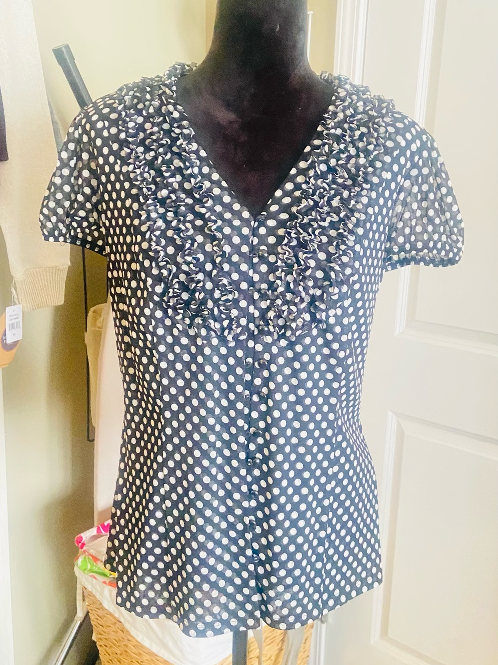 INC International Concepts Navy and White Polka Dot Ruffle V-Neck Blouse